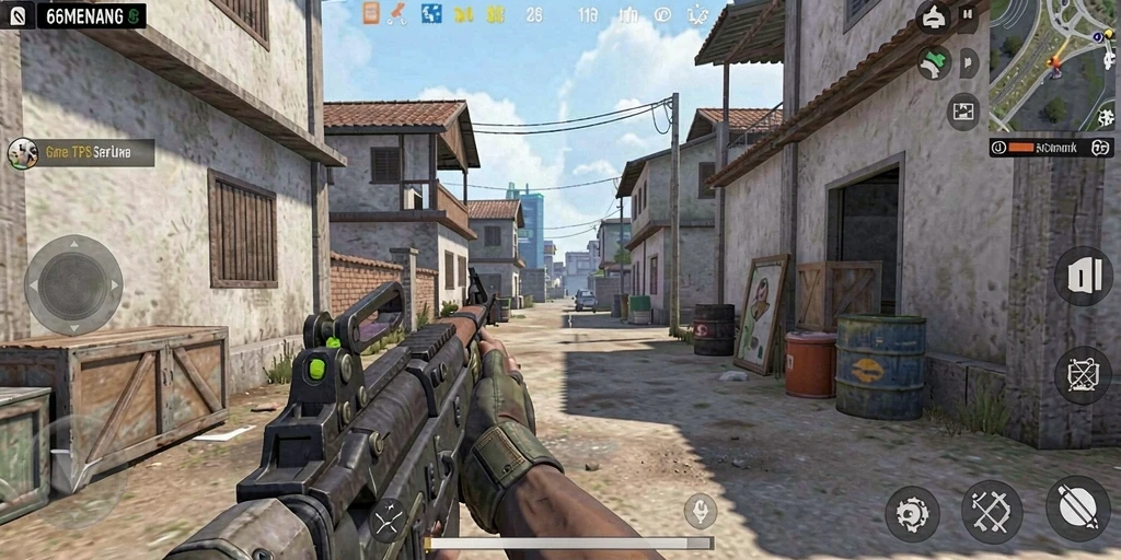 Screenshot utama 66MENANG menampilkan pertempuran seru dalam gameplay TPS.
