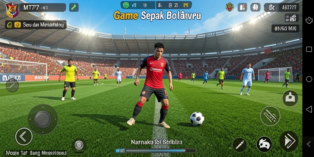 Screenshot utama menunjukkan aksi seru dalam pertandingan sepak bola.