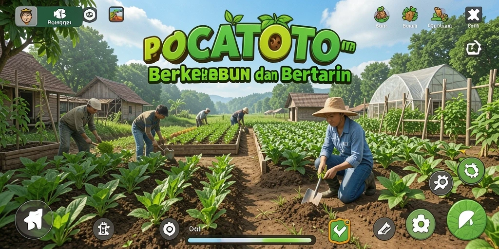 Screenshot utama OCATOTO menampilkan aktivitas bertani yang seru dan berwarna.
